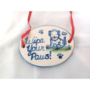 Vintage Mary A. Hadley Wall Plaque Sign "Wipe Your Paws" Dog Paw Prints Country0